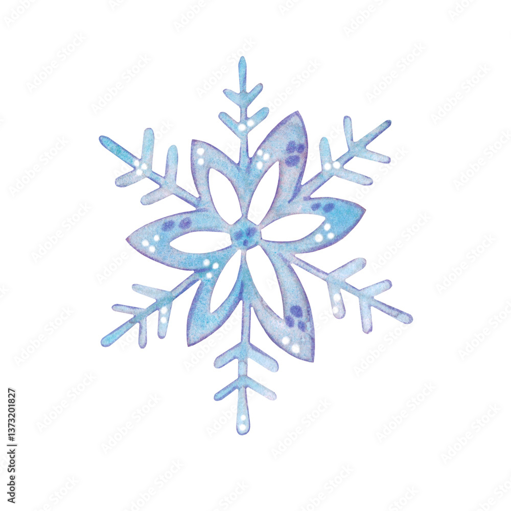 Blue snowflake on a white background. Watercolor illustration hand drawn in children's style. Drawing for cards, stickers, decoration, scrapbooking. winter, snow, snowflake, pattern, ornament, frost, Blue snowflake on a white background. Watercolor illustration hand drawn in children's style. Drawing for cards, stickers, decoration, scrapbooking. winter, snow, snowflake, pattern, ornament, frost,