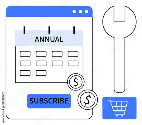 Annual subscription calendar, dollar coins, subscribe button, shopping cart, wrench for settings. Ideal for payment, services, e-commerce subscription plan customization business UX design. Flat