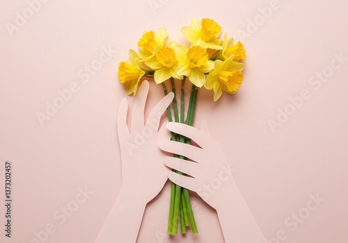 Paper hands tenderly hold a cheerful bouquet of yellow daffodils against a blush pink background.