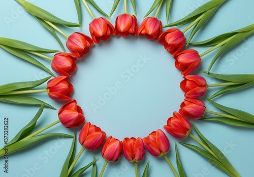 A vibrant circle of red tulips creates a cheerful, spring-like frame on a light blue surface.