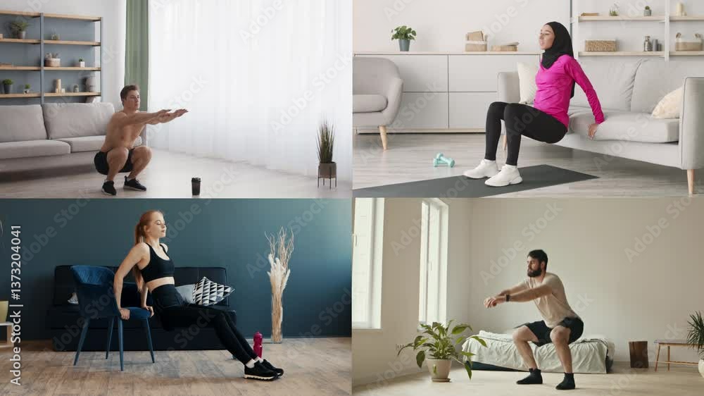 A collection of individuals performing different fitness exercises in home settings. The activities include squats, chair dips, and stretching, promoting a healthy lifestyle for everyone. A collection of individuals performing different fitness exercises in home settings. The activities include squats, chair dips, and stretching, promoting a healthy lifestyle for everyone.