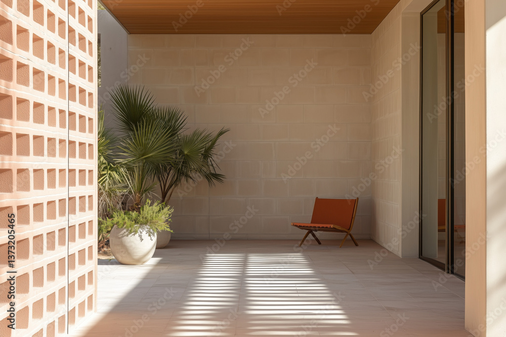 custom made wallpaper toronto digitalBrick, stone, concrete, breeze blocks range wall around minimalistic modern courtyard lounge patio, taupe cement block in a unique designed wall pattern in 1960s 1970s Palm springs, California style