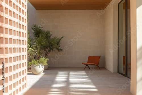 Wallpaper Mural Brick, stone, concrete, breeze blocks range wall around minimalistic modern courtyard lounge patio, taupe cement block in a unique designed wall pattern in 1960s 1970s Palm springs, California style Torontodigital.ca