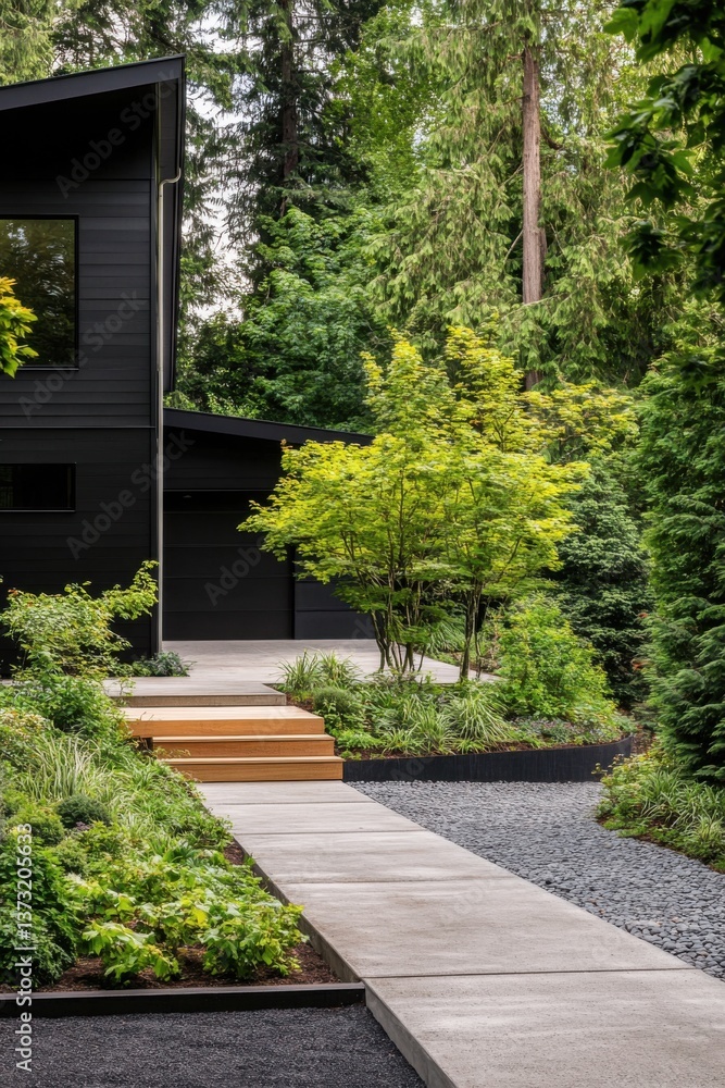 Fototapeta premium Stylish modern home surrounded by lush greenery with a stone pathway leading to the entrance in a tranquil forest setting