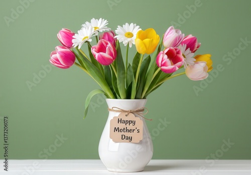 A beautiful Mother's Day bouquet with tulips and daisies in a vase, showcasing spring's charm.