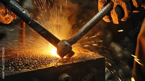 Craftsmanship shines through blacksmithing sparks at a workshop in the early evening