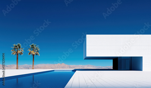 White brutalism minimalist house architecture in Palm springs with infinity pool, palm trees, ocean, desert view in background, cinematic artsy film set design concept