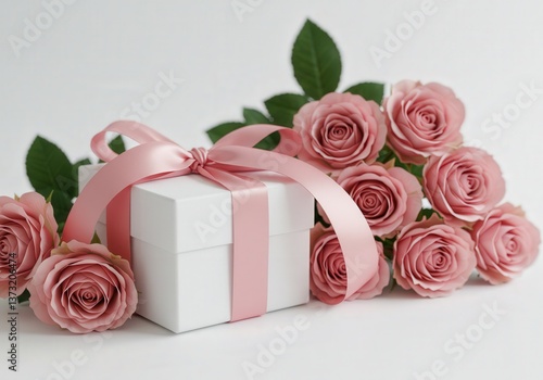A white gift box tied with a pink ribbon is surrounded by a stunning display of pink roses.