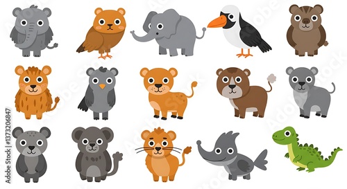 A cheerful collection of adorable jungle animals, perfect for children's books or educational resources, featuring bright colors and simple shapes.
