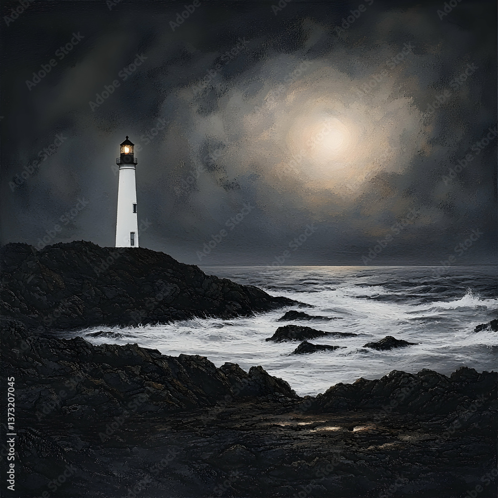 Lighthouse on Rocky Coast at Night Under a Full Moon Lighthouse on Rocky Coast at Night Under a Full Moon