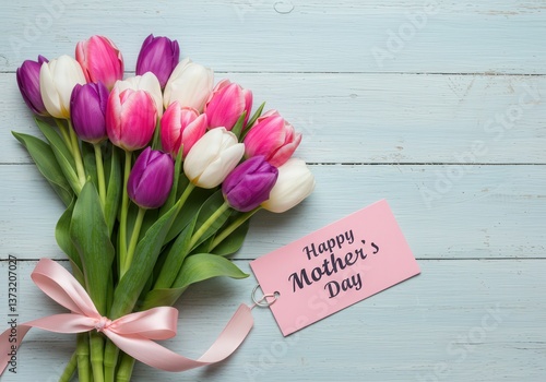 A vibrant bouquet of pink, purple, and white tulips celebrates Mother's Day with a delicate pink ribbon.