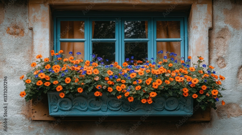 Naklejka premium Vibrant window box with orange and blue flowers. 