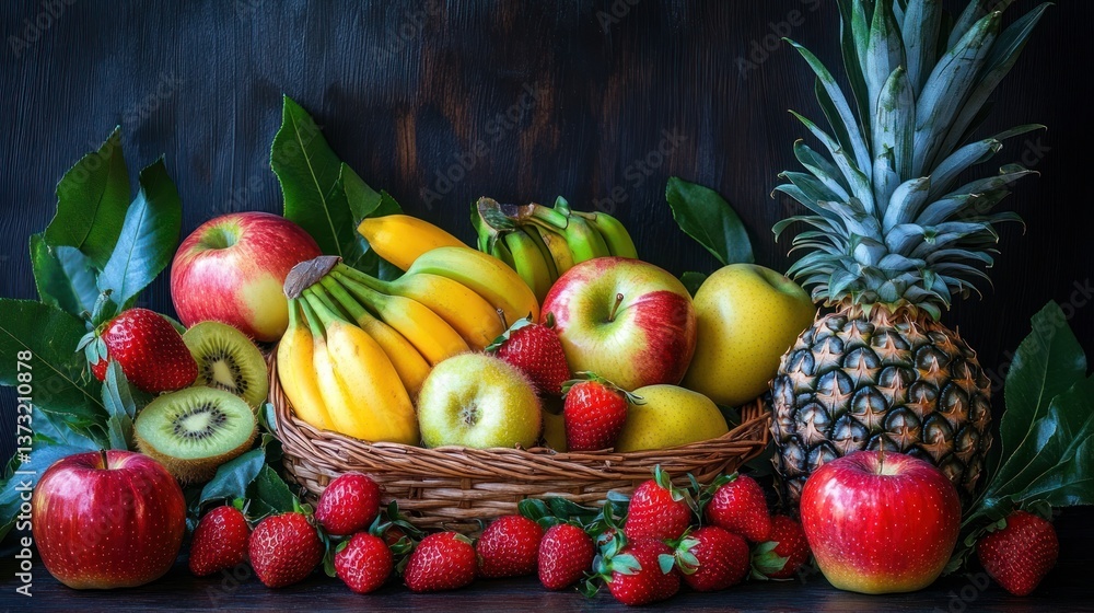 A colorful display of various fresh fruits arranged in a basket A colorful display of various fresh fruits arranged in a basket