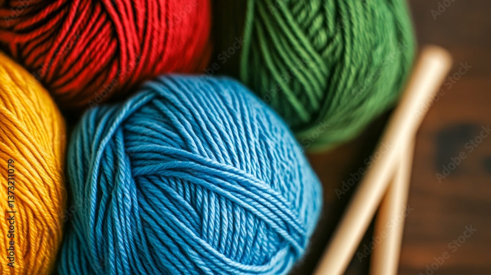 Colorful yarn balls and knitting needles arranged on a wooden table for crafting and creativity