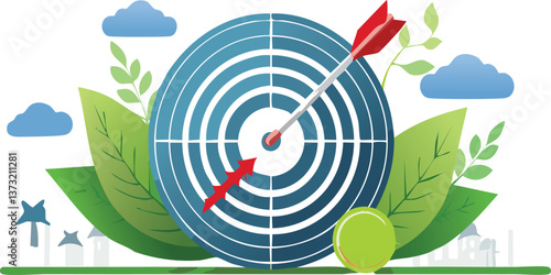Dart hitting target. Carbon emission reduction target, Green economy and sustainability Net Zero future. Sustainable development, Energy goals. CO2 emission graph, Goals sustainable planet.