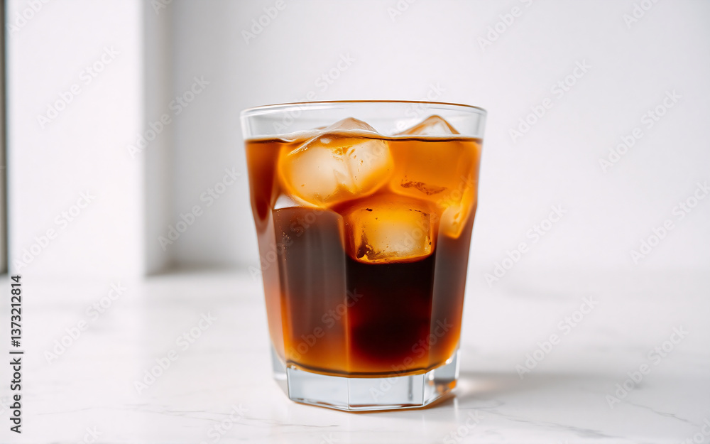 Iced drink in a clear glass with ice cubes. Dark brown liquid, possibly coffee or tea, sits on a white marble surface. Refreshing and simple. Iced drink in a clear glass with ice cubes. Dark brown liquid, possibly coffee or tea, sits on a white marble surface. Refreshing and simple.