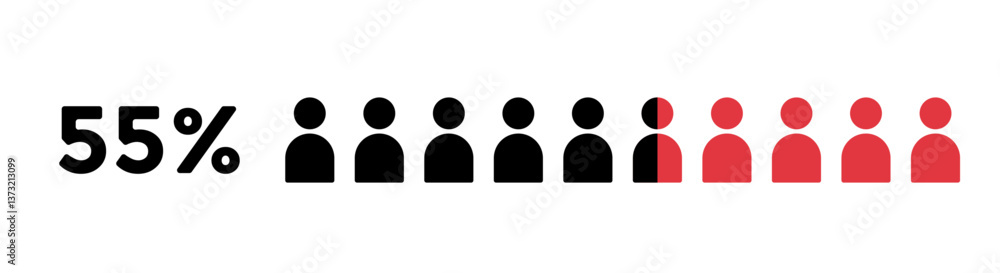 55% infographic percent. People icon graphic vector, counting, avatar, half black and red man pictogram. Person business voting statistic concept 55% infographic percent. People icon graphic vector, counting, avatar, half black and red man pictogram. Person business voting statistic concept