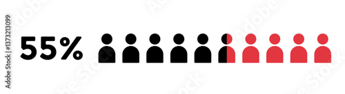 55% infographic percent. People icon graphic vector, counting, avatar, half black and red man pictogram. Person business voting statistic concept
