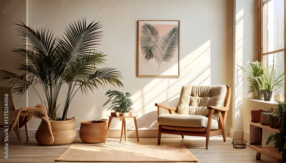 Fototapeta premium A Cozy Living Room with a Palm Tree and a Comfortable Chair, Generative AI