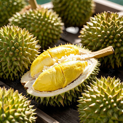 Fresh Durian Fruit with Creamy Yellow Flesh in a Natural