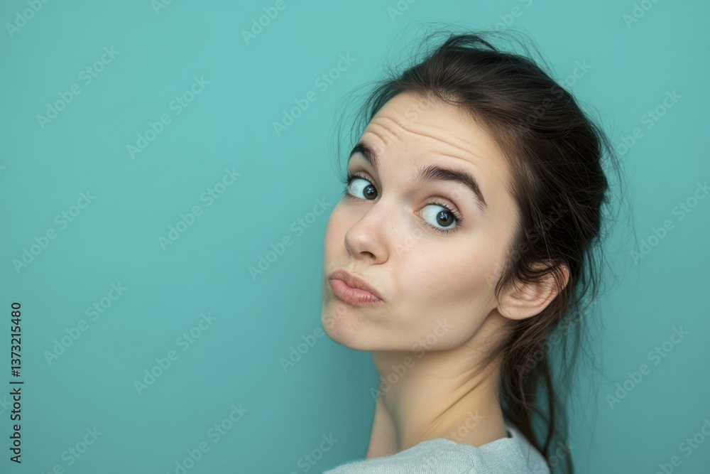 Portrait of Young Woman with Pursed Lips, Looking over Shoulder, on Teal Background Portrait of Young Woman with Pursed Lips, Looking over Shoulder, on Teal Background