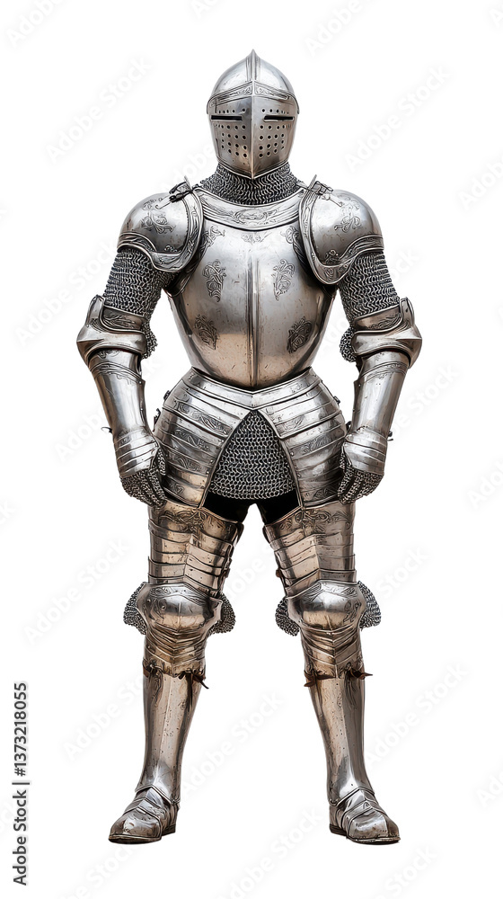 Realistic medieval knight in shining armor standing confidently Realistic medieval knight in shining armor standing confidently