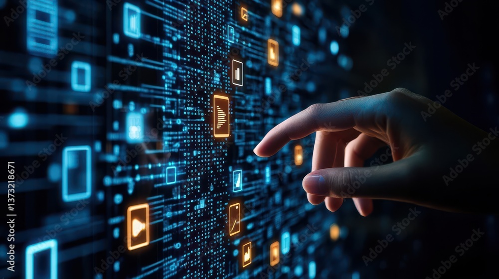 Binary data processing for big data analysis in database Abstract image of digital data technology Hand touching many file icons and numbers Binary data processing for big data analysis in database Abstract image of digital data technology Hand touching many file icons and numbers