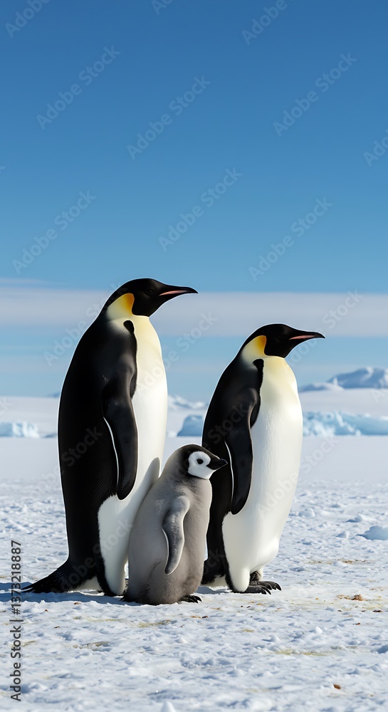 Fototapeta premium A penguin family stands proudly on a pristine Antarctic landscape under a vibrant blue sky, showcasing their resilience and the beauty of their icy home.