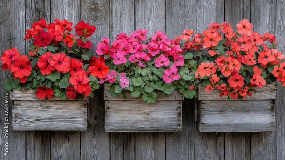 Wooden planter boxes with vibrant flowers. Three rustic wooden planter boxes, each filled with bright red and pink flowers, are mounted on a weathered wooden wall Wooden planter boxes with vibrant flowers. Three rustic wooden planter boxes, each filled with bright red and pink flowers, are mounted on a weathered wooden wall