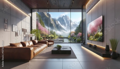 modern living room with sofa, Elegant minimalist office in the mountains, created with generative AI.