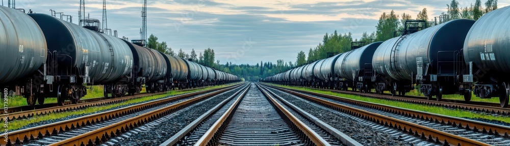 Fototapeta premium Black railway tanker cars of the type used to transport petroleum products Several cars visible on two separate sets of tracks Identification markings have been removed