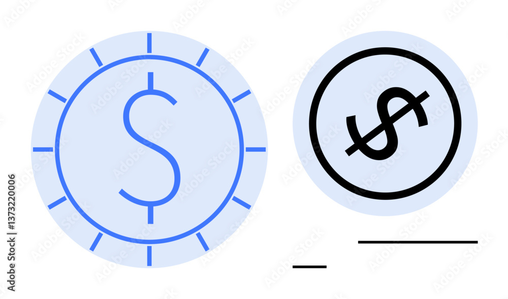 Two currency-inspired circles with dollar sign symbols, one outlined in blue, the other in black. Ideal for finance, wealth, savings, investment, economy banking commerce. Flat simple metaphor Two currency-inspired circles with dollar sign symbols, one outlined in blue, the other in black. Ideal for finance, wealth, savings, investment, economy banking commerce. Flat simple metaphor