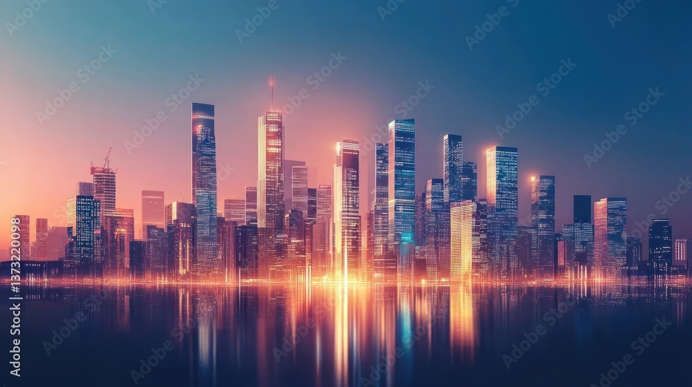 Fototapeta premium A Beautiful Cityscape Reflected in Calm Water During Twilight