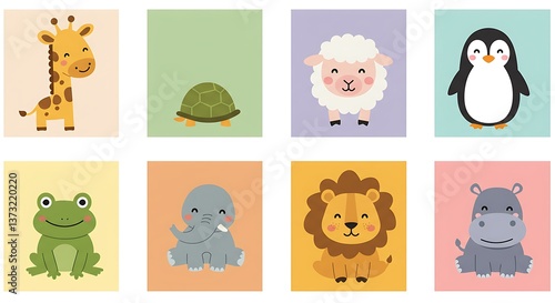 Adorable baby animals in pastel-colored squares, a cheerful collection perfect for nurseries or children's rooms with simple line art and happy expressions.