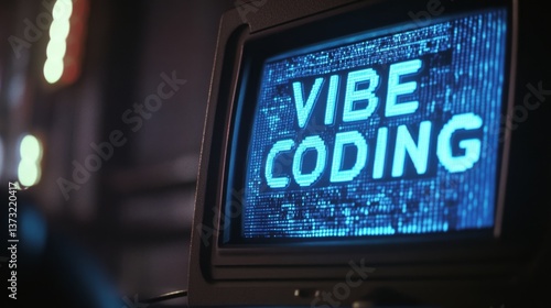 Blue vibe coding words on monitor screen. Vibe coding concept. Technology background