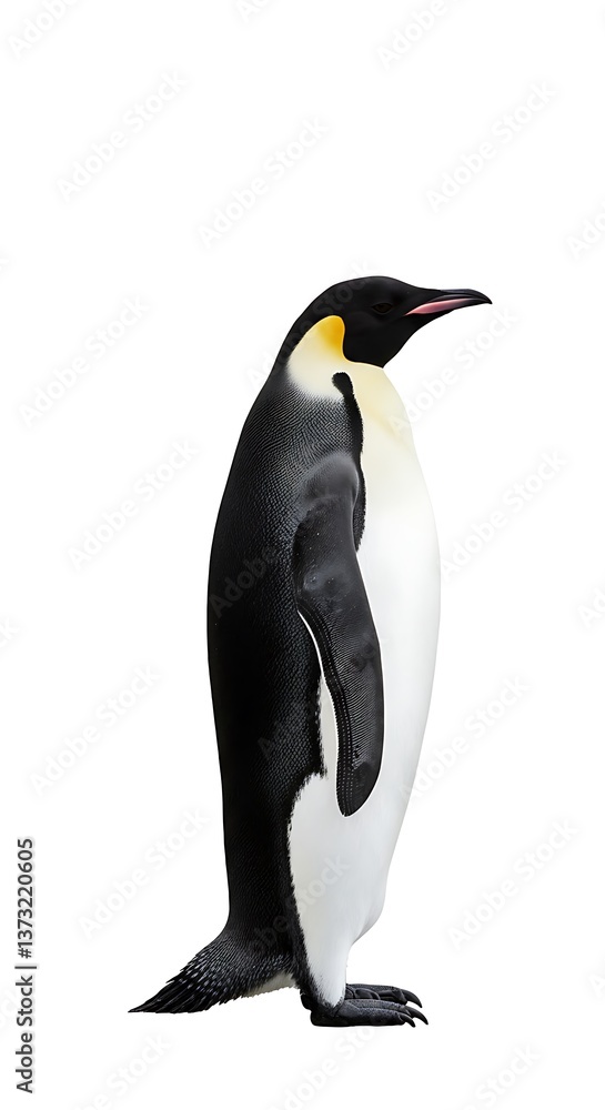 Fototapeta premium A majestic emperor penguin stands proudly against a stark white background, its elegant posture and striking black and white plumage captivating.