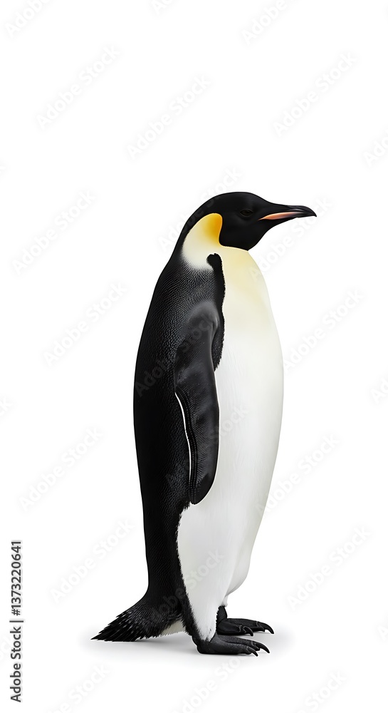 Naklejka premium A majestic emperor penguin stands tall against a pure white background, showcasing its sleek, black and white plumage in a striking profile view.