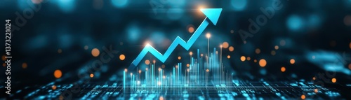 blue business arrow rising up with dots followed by line graph going up, trading profit, economic boom, business growth