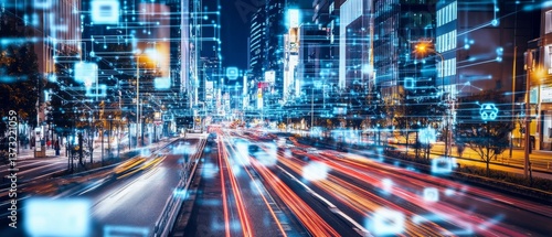 Fototapeta Naklejka Na Ścianę i Meble -  Engineers designing AI powered traffic surveillance systems, high-tech city street with real-time traffic flow data and automated surveillance cameras, High-tech style