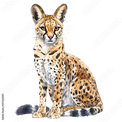 A watercolor vector of a serval, isolated on a white background. Serval vector.

