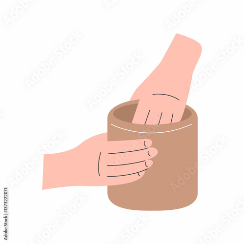 Hands sculpt clay pot. illustration on pottery.