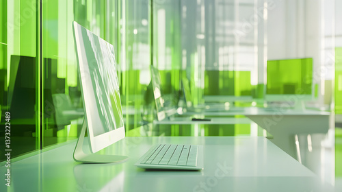 Modern workspace setup office digital environment contemporary design vibrant green accents