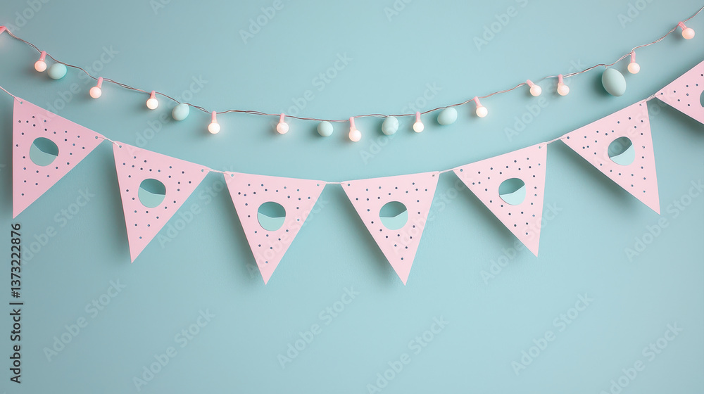 Fototapeta premium Minimal pastel bunting with egg shaped cutouts and string lights