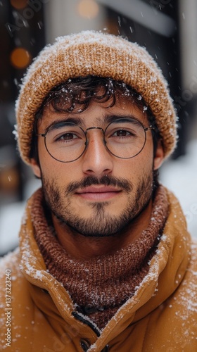 A handsome man with glasses in winter attire stands amidst a gentle snowfall, creating a warm, inviting portrait