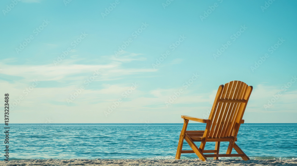 A wooden chair sits peacefully on sandy beach, overlooking calm blue ocean under clear sky, evoking relaxation and tranquility A wooden chair sits peacefully on sandy beach, overlooking calm blue ocean under clear sky, evoking relaxation and tranquility