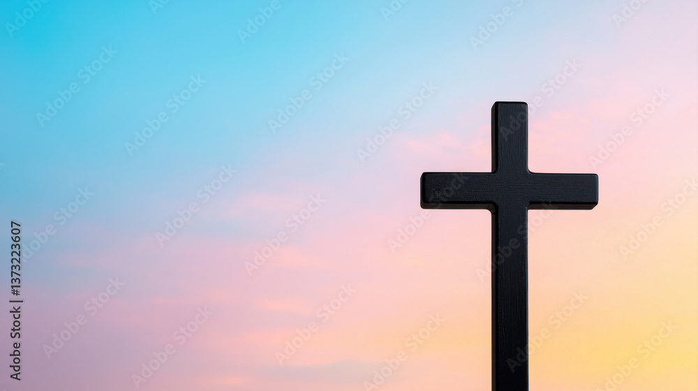 Minimalist black cross silhouette against soft gradient sky Minimalist black cross silhouette against soft gradient sky