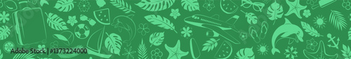 Horizontal seamless banner with a variety of elements such as palm leaves, flowers, a flying airplane, cheerful dolphin, bright sun, and other tropical symbols, in shades of green.