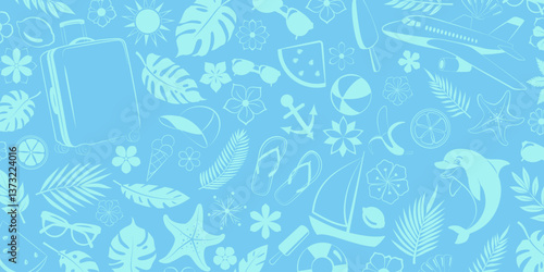 Illustration combines many elements such as lush palm leaves, tropical flowers, airplane, dolphin, sun, suitcase, and other travel symbols, all in harmonious shades of light blue.