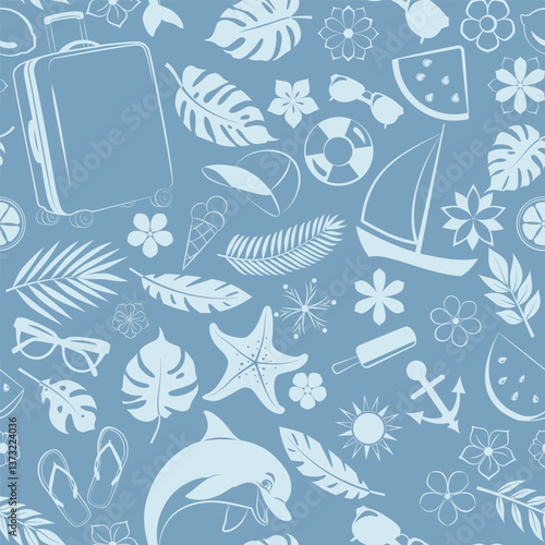 Seamless pattern with tropical elements such as palm leaves, flowers, flying airplane, playful dolphin, bright sun, and other oceanic symbols, in soft blue tones.