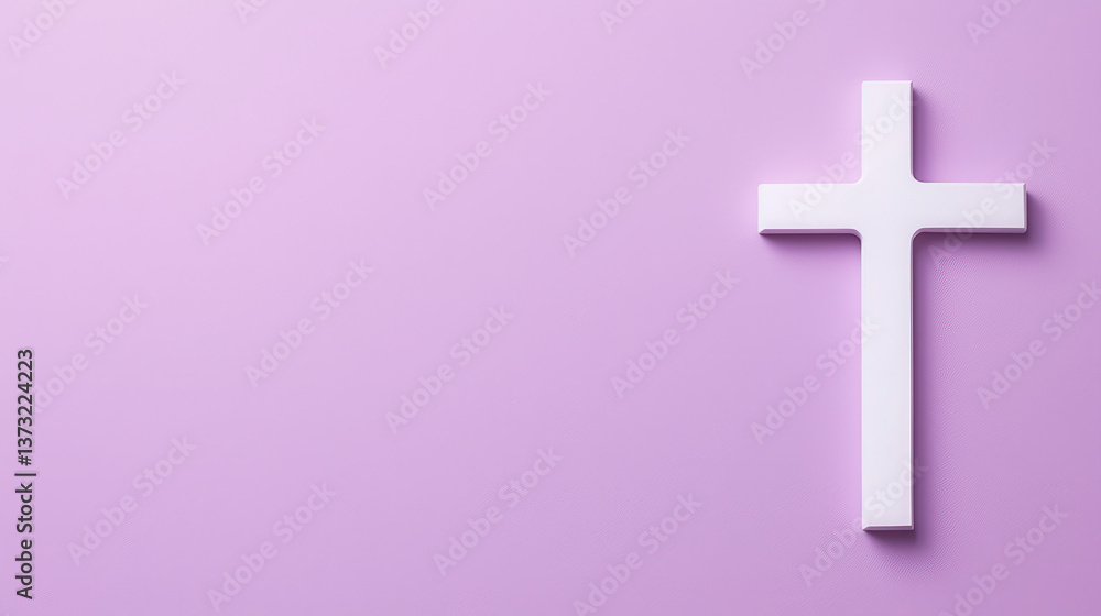 Obraz premium white cross on solid lavender background, symbolizing faith and spirituality